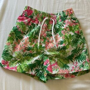 Janie and Jack Tropical Floral Swim Trunks in Green and Pink